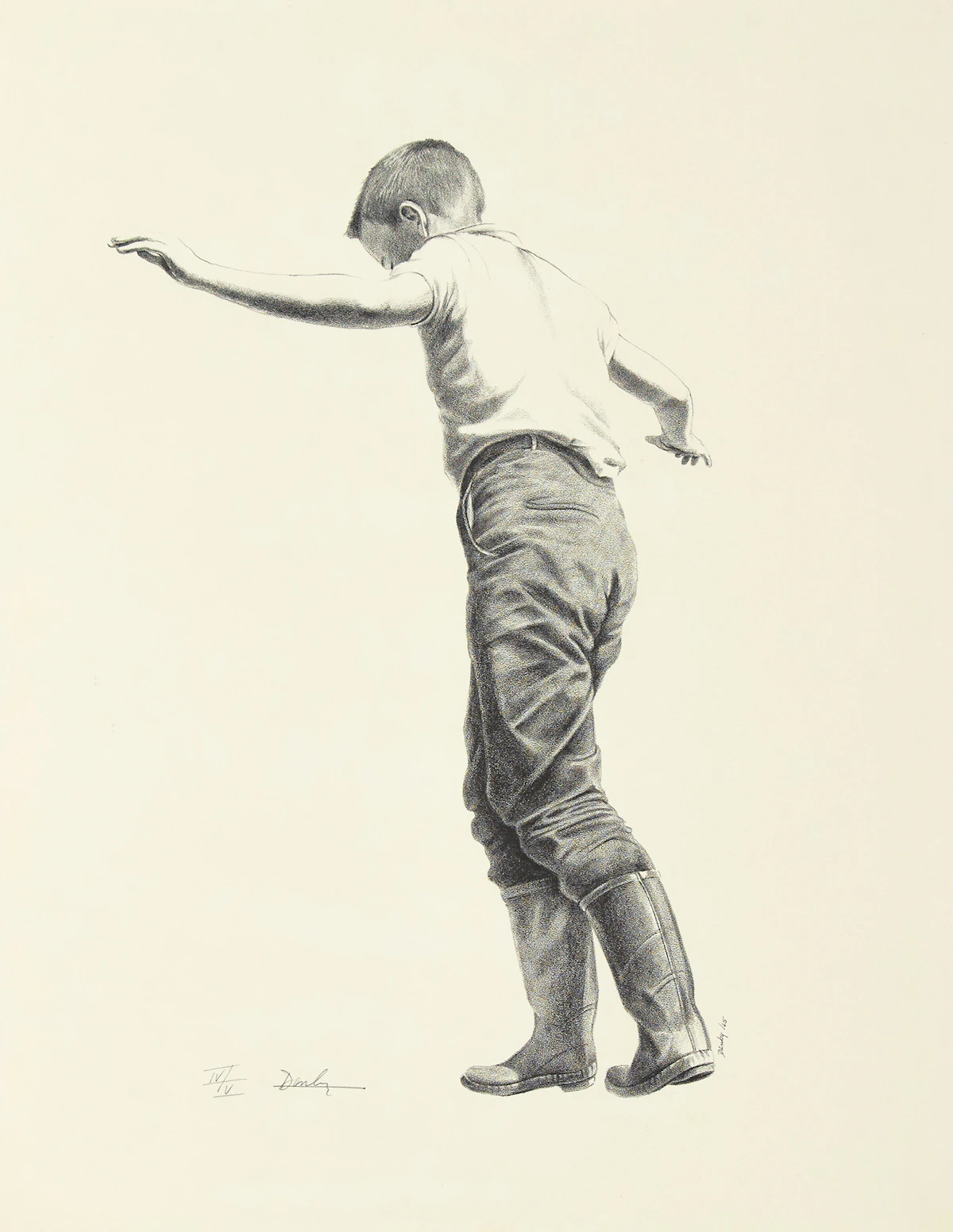 Kenneth Danby, Letting Go (Boy on Fence), black and white lithograph, 1965