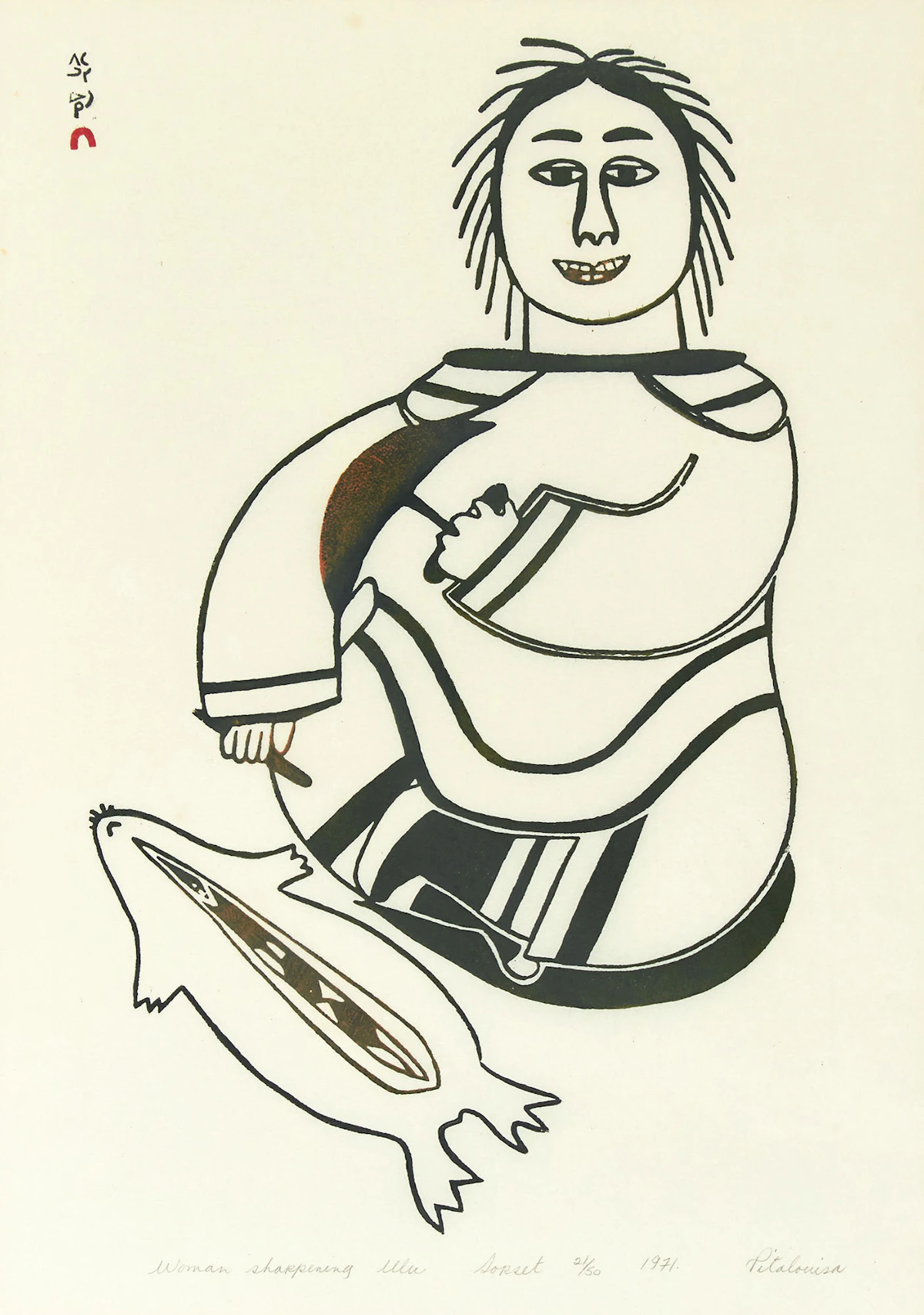Pitaloosie Saila, Woman Sharpening Ulu, stonecut, 1971