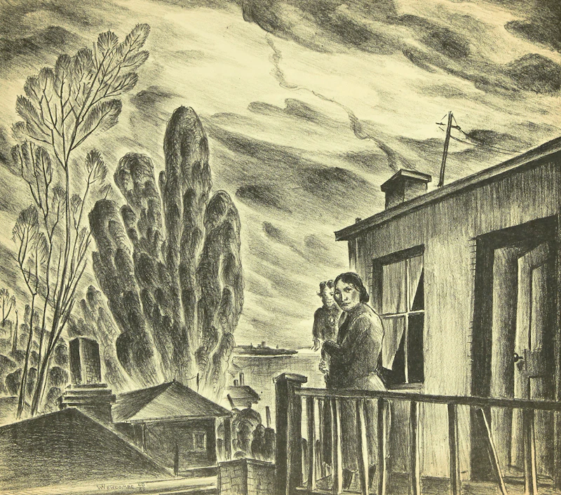 William John Bertram Newcombe, Mother and Child on Veranda; Industrial Scene