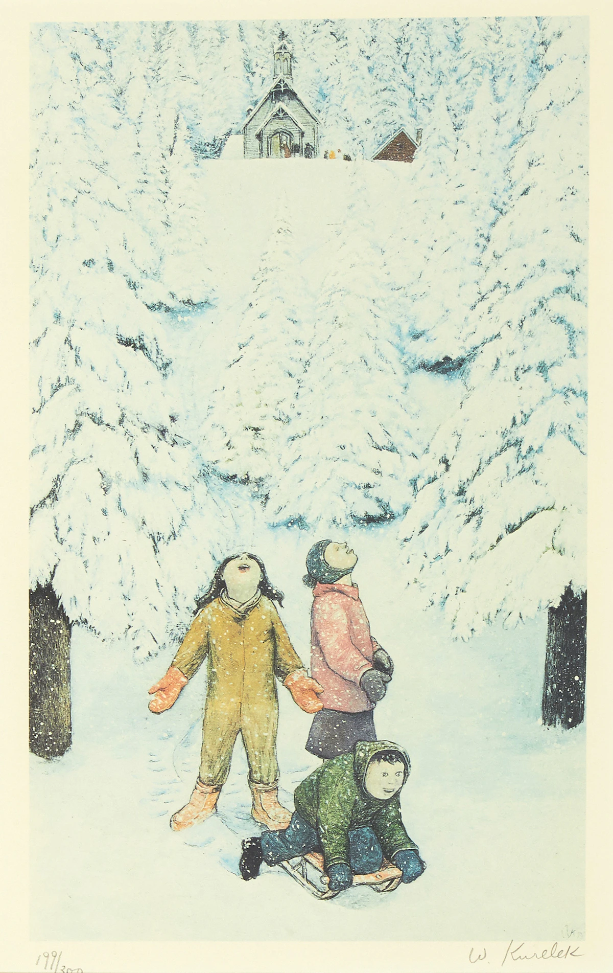 William Kurelek, Excitement of First Heavy Snow, colour lithograph