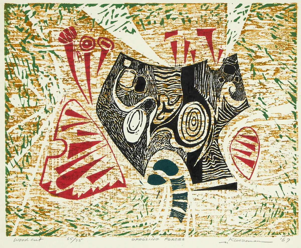 Bert Kloezeman, Opposing Forces, colour woodcut, 1967