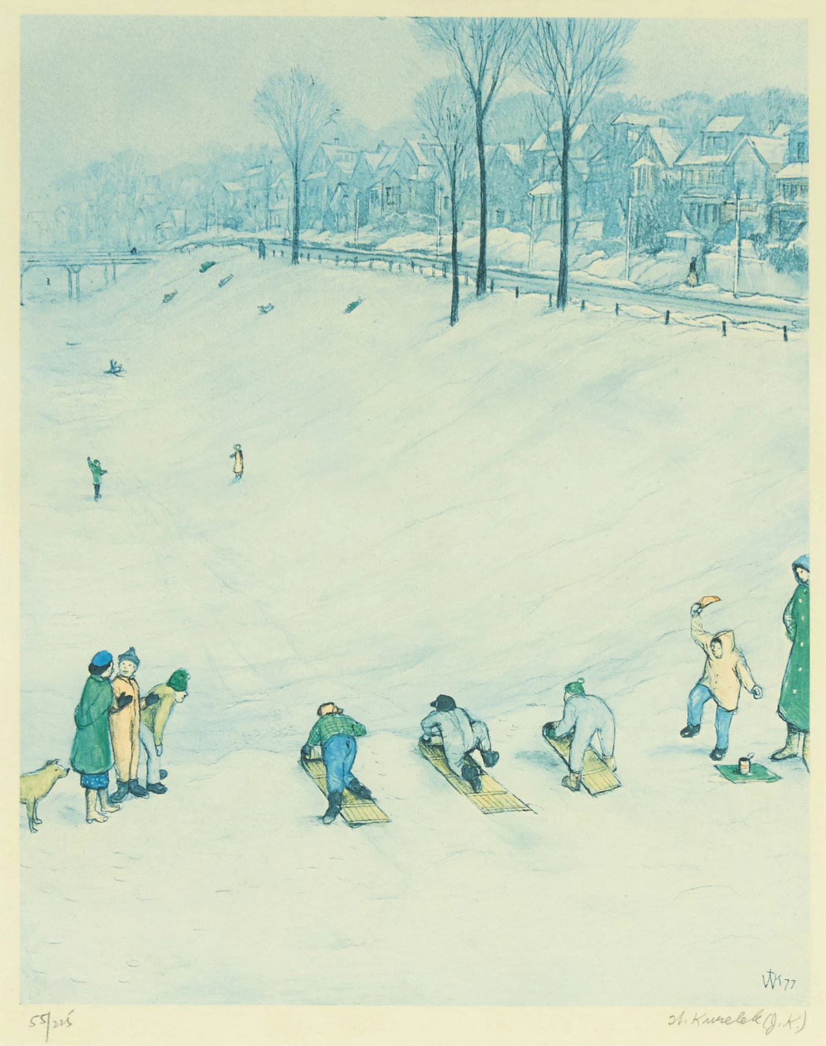 William Kurelek, Tobogganing, colour lithograph
