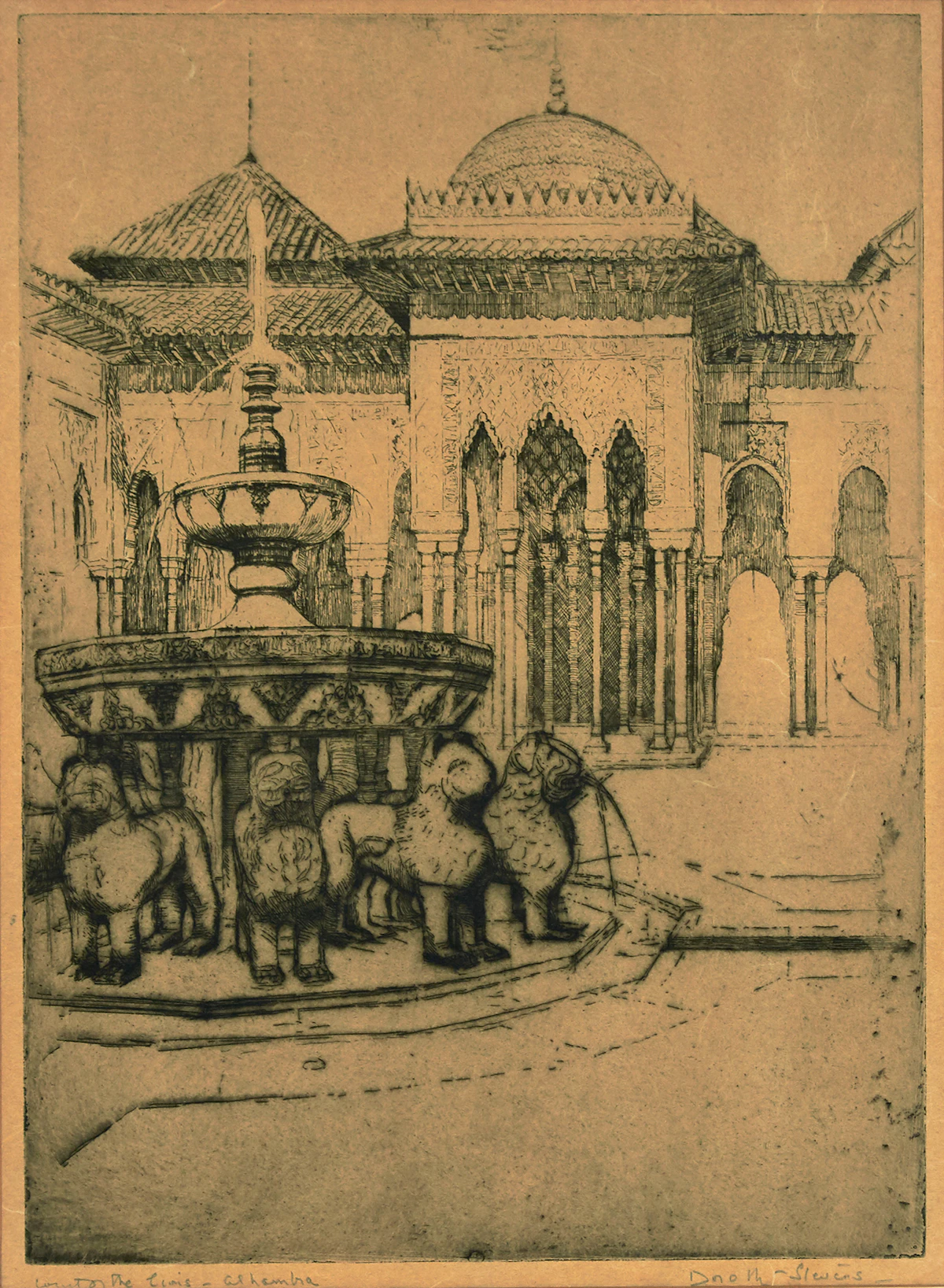 Dorothy Stevens, Court of the Lions, Alhambra, Spain, etching