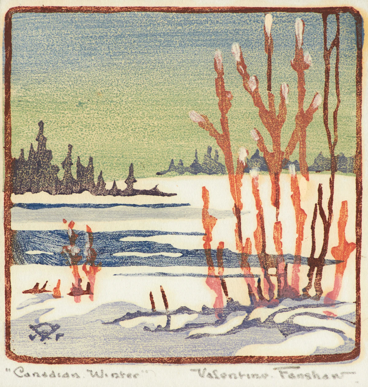 Hubert Valentine Fanshaw, Canadian Winter, colour woodcut, 1927