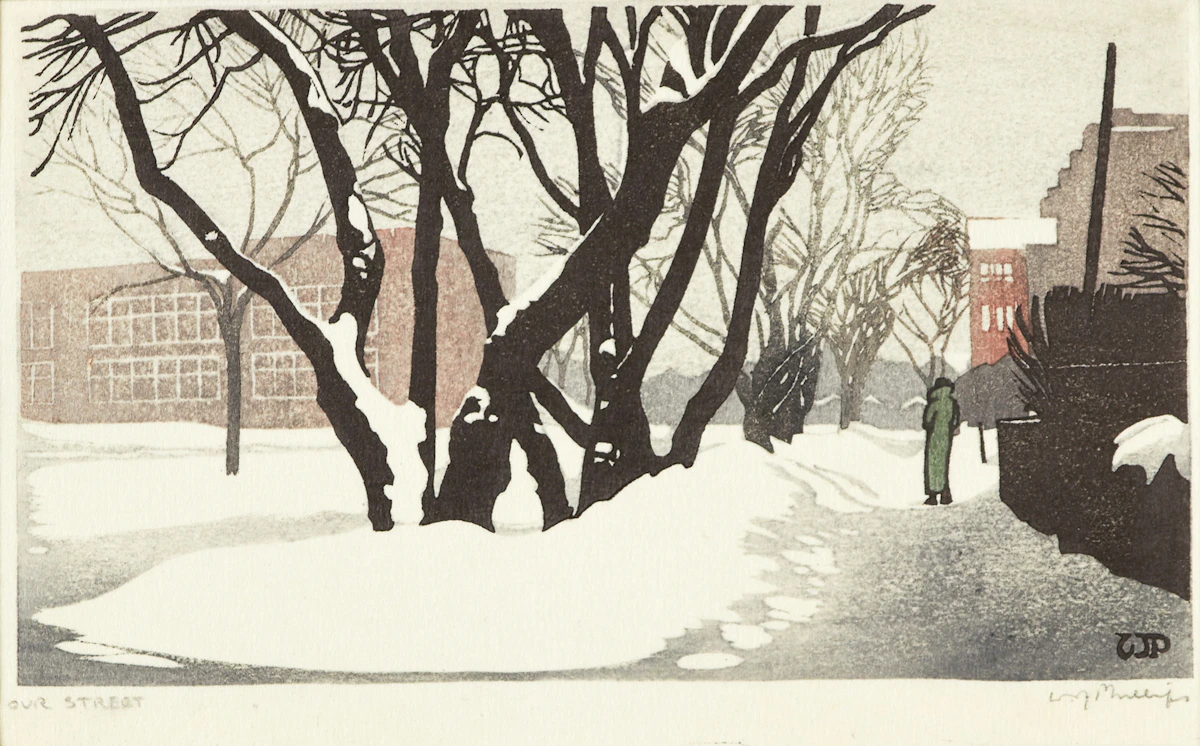 Walter Joseph Phillips, Our Street, colour woodcut, 1933