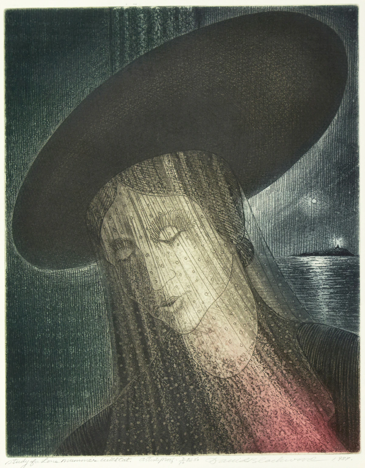 David Lloyd Blackwood, Study for Lone Mummer with Cat, colour etching and aquatint, 1989