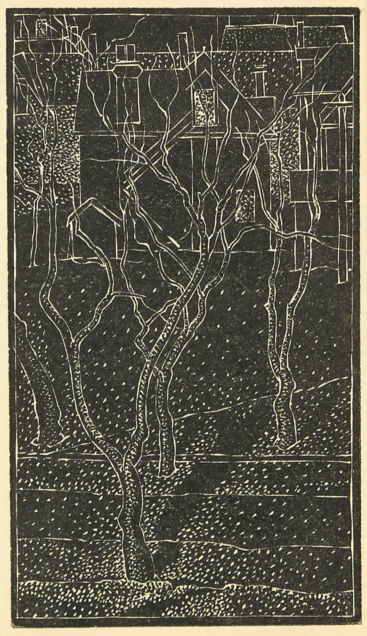 Lionel LeMoine FitzGerald, Trees and Houses, linocut, 1945