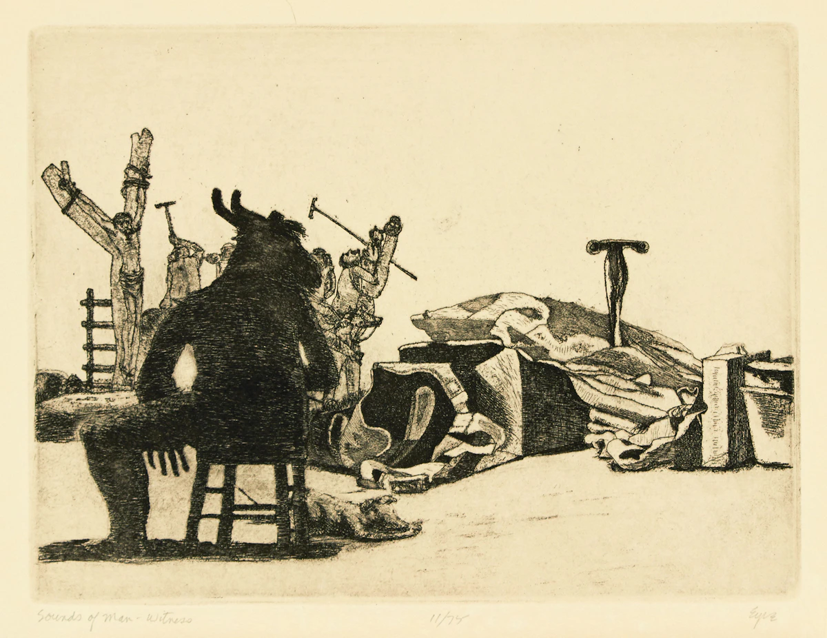 Ivan Kenneth Eyre, Sounds of Man-Witness , etching