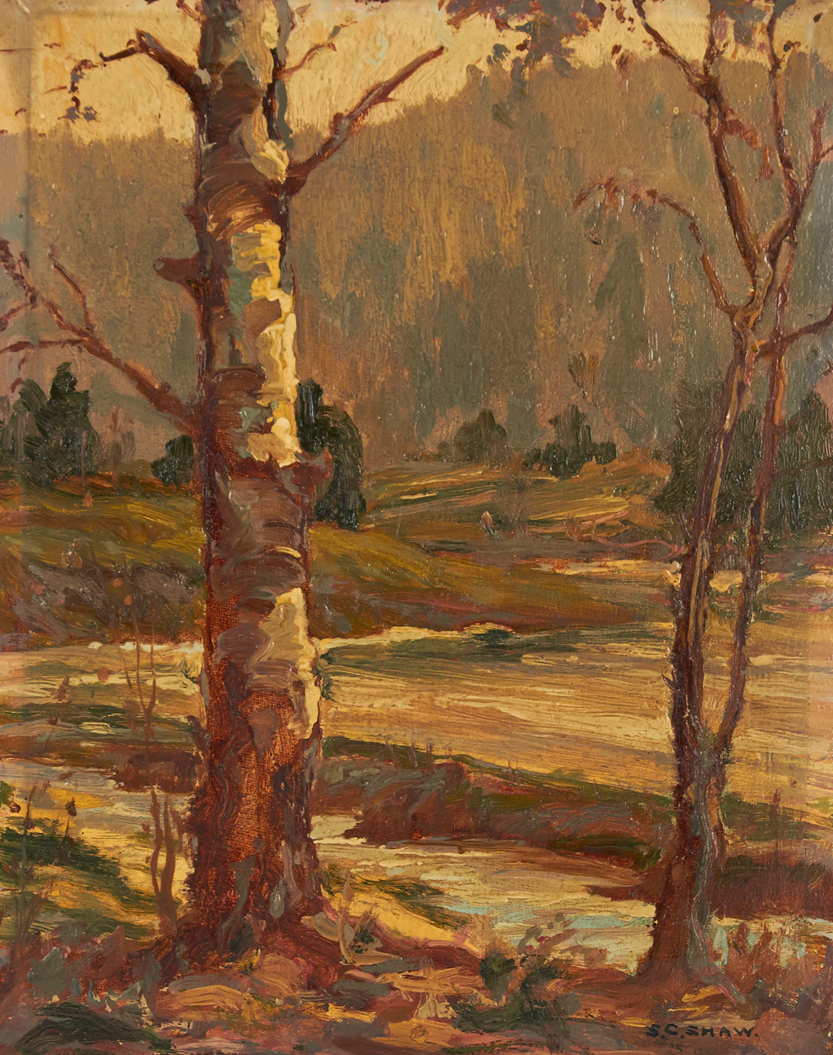 Stuart Clifford Shaw, Late Autumn Landscape, oil on board, 1928