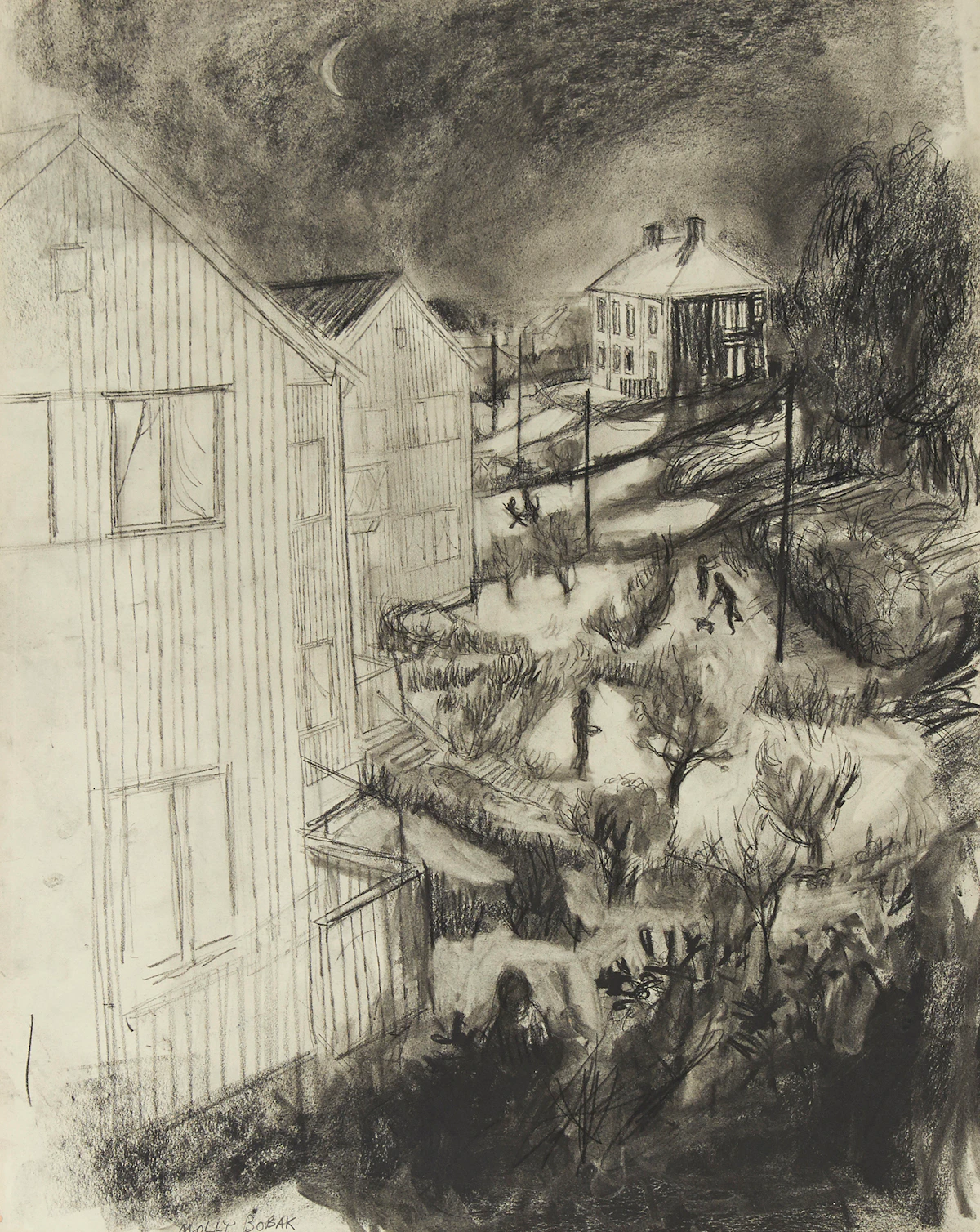Molly Lamb Bobak, Evening Gardens, charcoal and wash