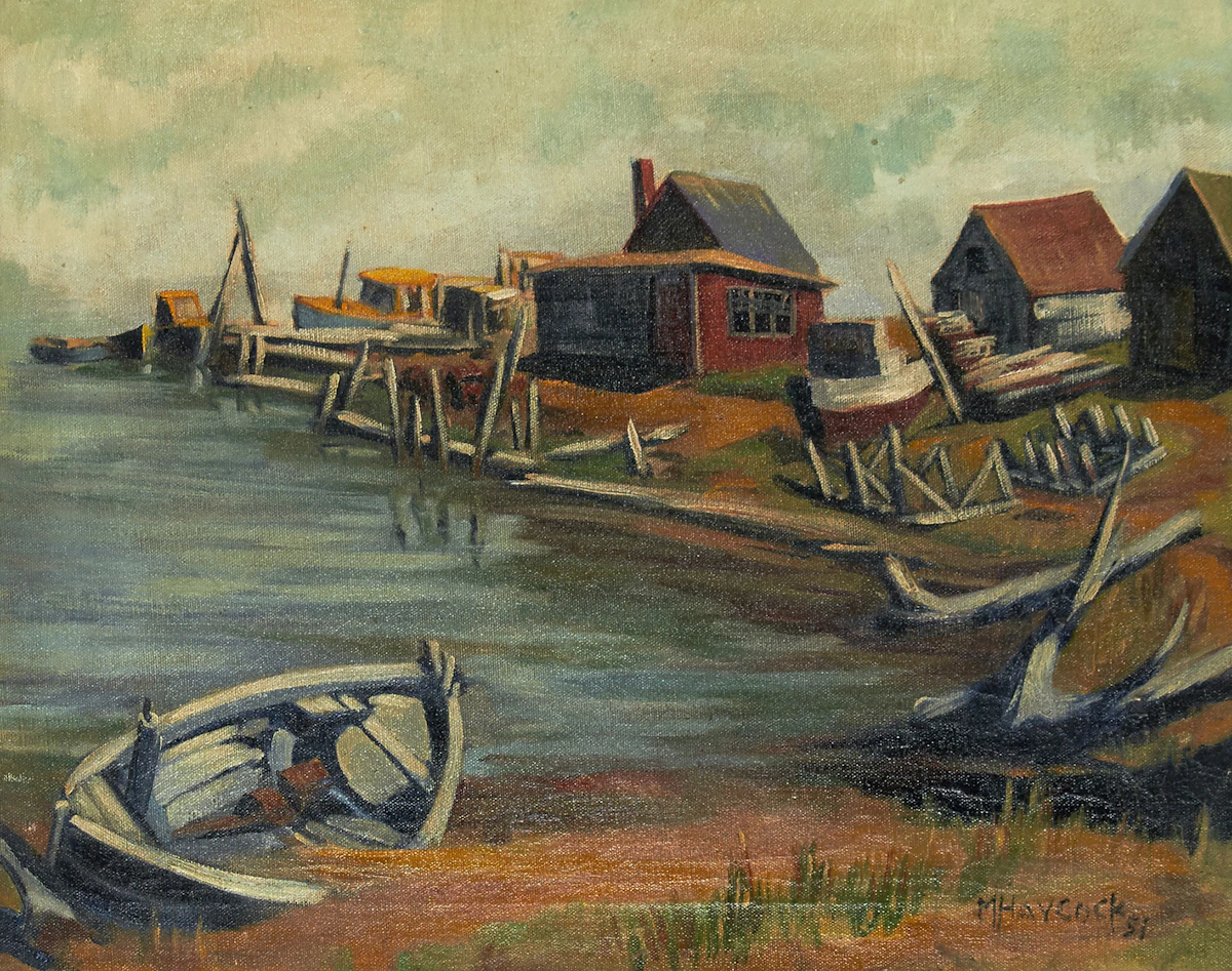 Maurice Hall Haycock, Fish Huts, Port Maitland, Nova Scotia, oil on canvas