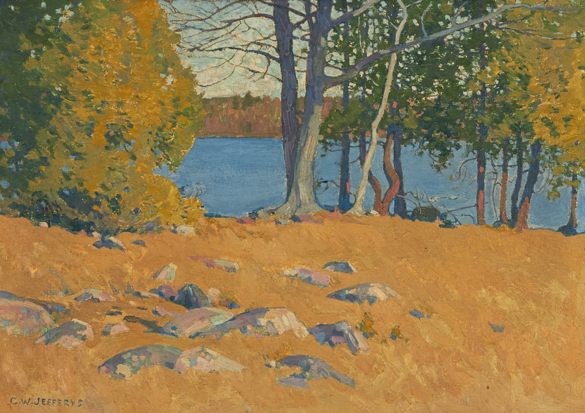 Charles William Jefferys, Landscape Overlooking a Lake, oil on board