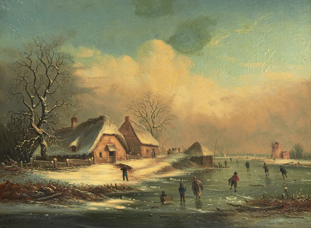 Van Zeebroeck, Landscape with Ice Skaters, oil on canvas, 1840