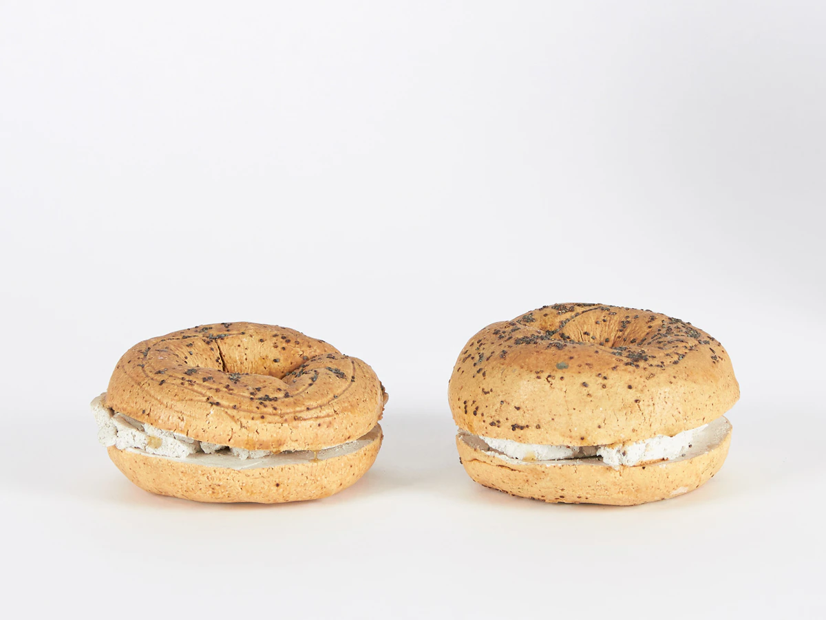David James Gilhooly, 2 Poppyseed Bagels with Cream Cheese, two ceramic sculptures, 1975