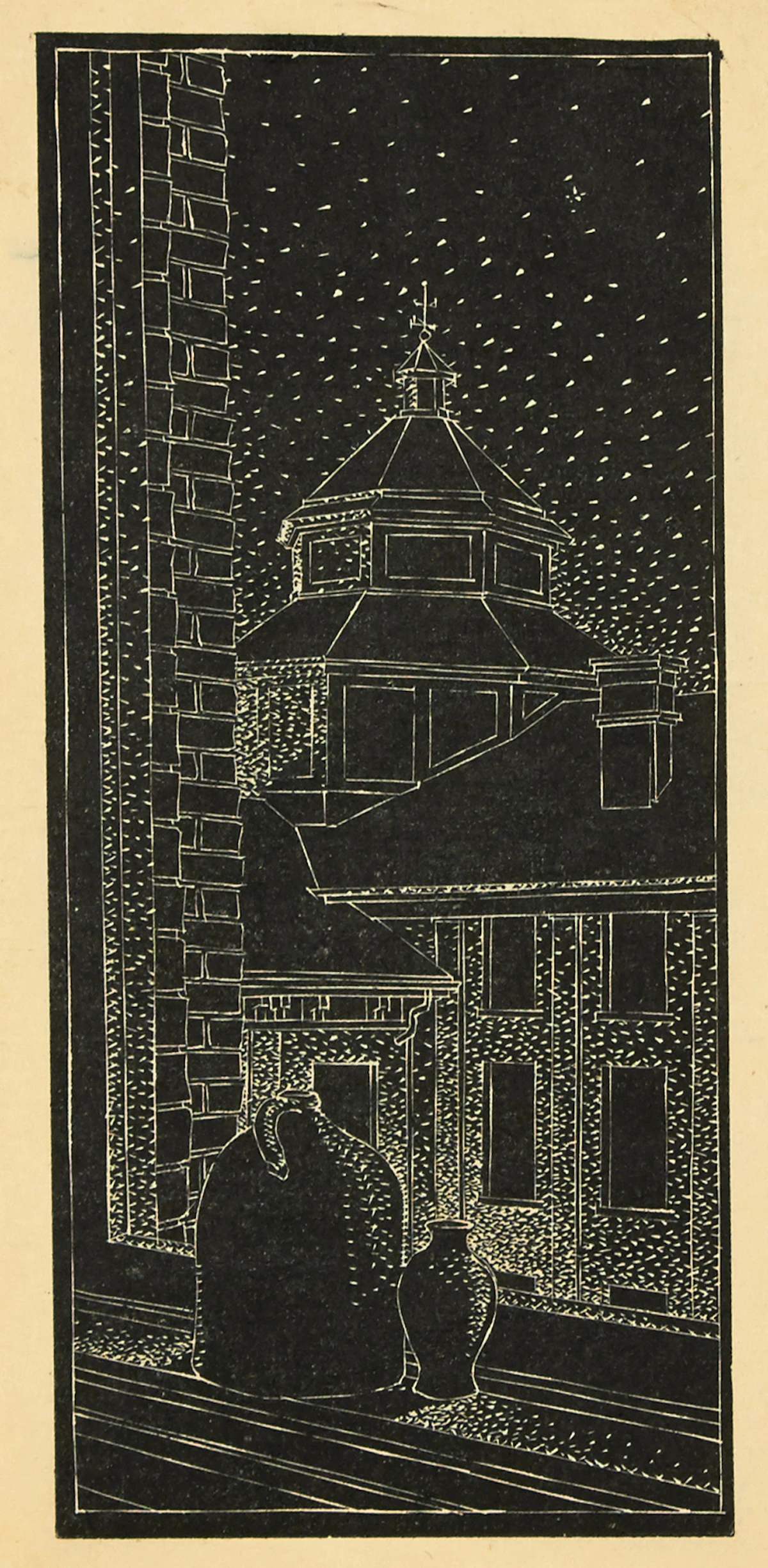 Lionel LeMoine FitzGerald, View from Windowsill with Two Jugs, linocut, 1942