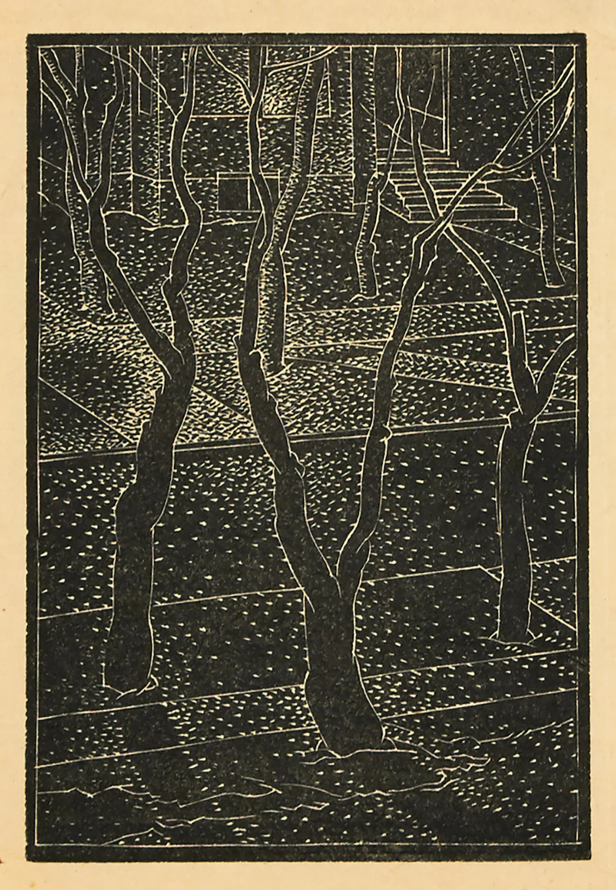 Lionel LeMoine FitzGerald, Trees and Streets, linocut, 1943