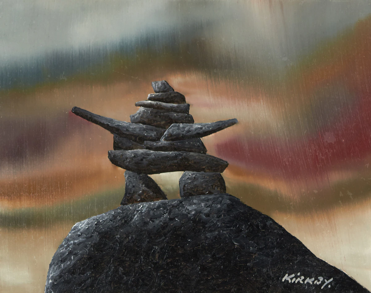 Ken Kirkby, Inukshuk on Rock, oil on board