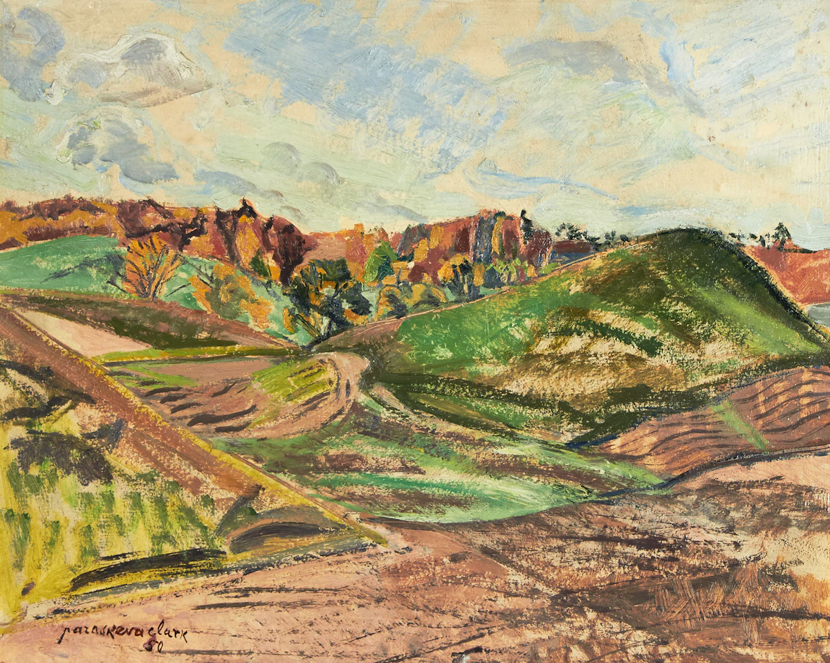 Paraskeva Plistik Clark, Hills in Autumn, oil on board, 1950