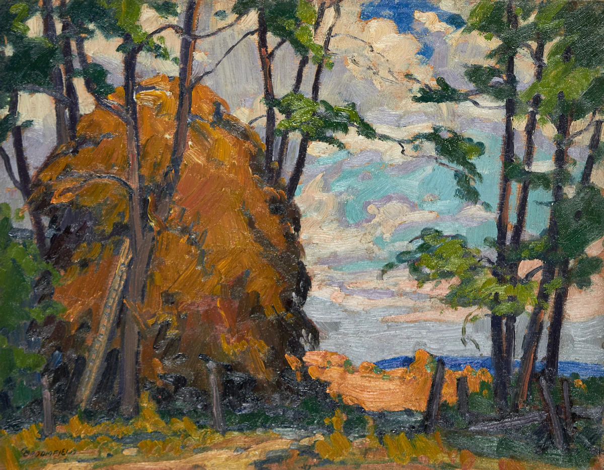 Adolphus George Broomfield, Meadow Landscape / Harbour Scene with Tugboat, double-sided oil on panel, circa 1940