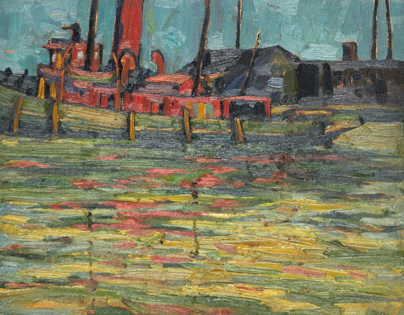 Adolphus George Broomfield, Meadow Landscape / Harbour Scene with Tugboat, double-sided oil on panel, circa 1940 - view 2