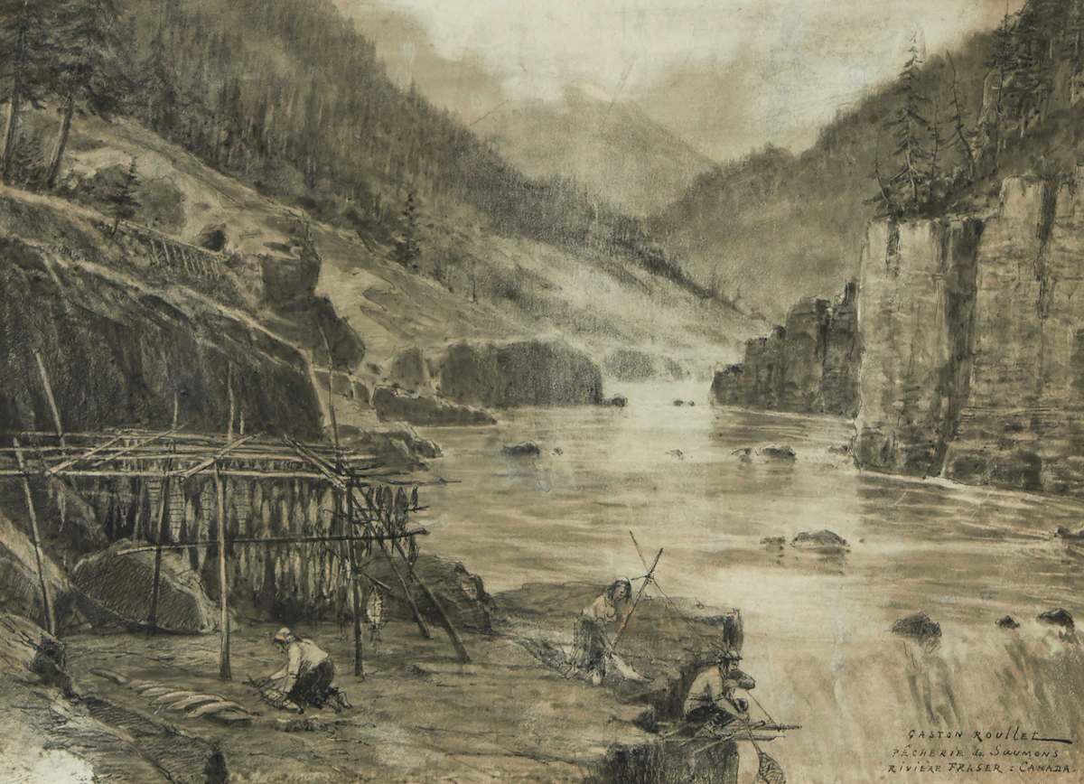 Gaston Roullet, Pêcherie de Saumons Riviere Fraser, Canada (Salmon Fishing on the Fraser River, Canada), watercolour