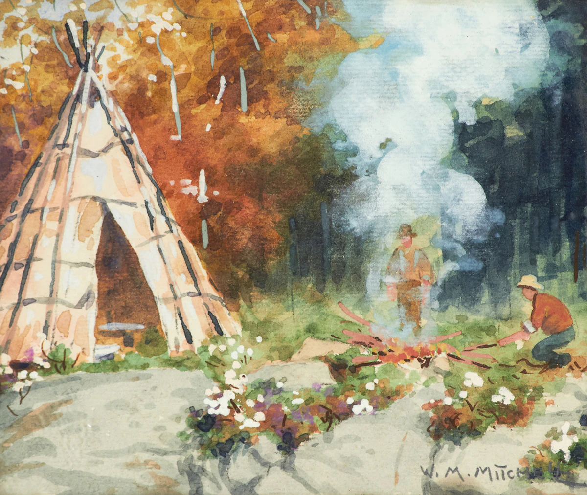 Willard Morse Mitchell, Cooking Fish at Indian Encampment, watercolour
