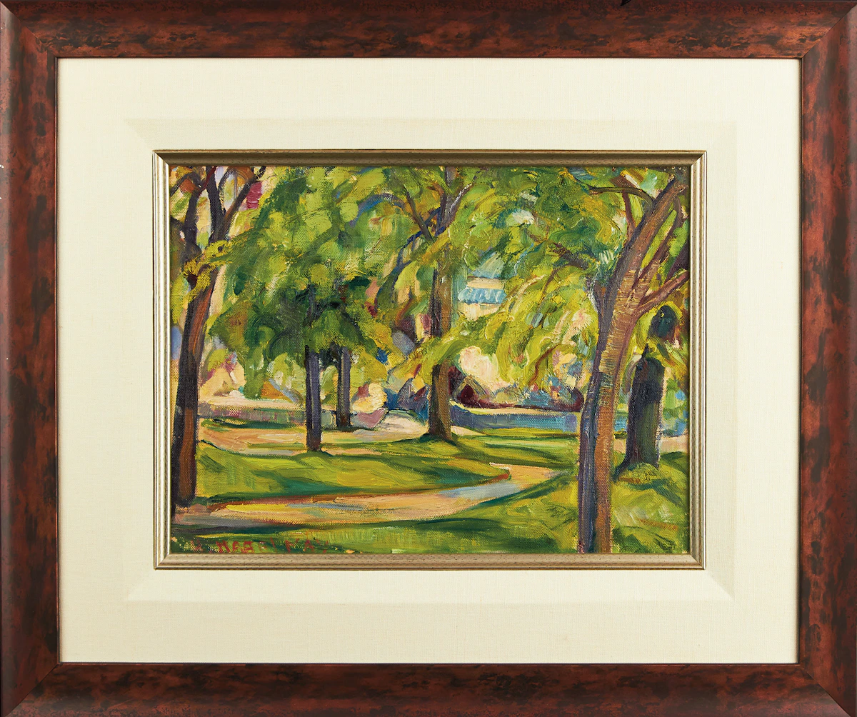 Henrietta Mabel May, Sunlit Path in Summer, oil on board