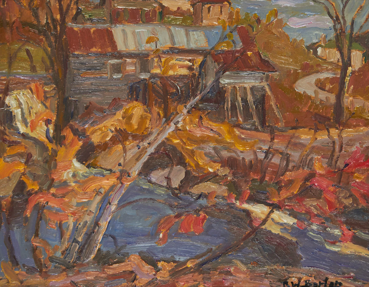 Ralph Wallace Burton, Log Mill, Perkin Mills, Que., oil on panel