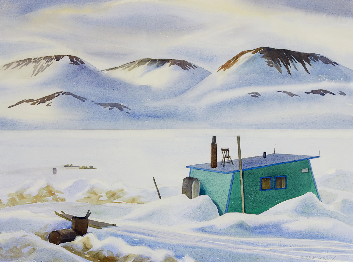 Doris Jean McCarthy, Inuit House Against the Sunlit Distance, watercolour, 1984
