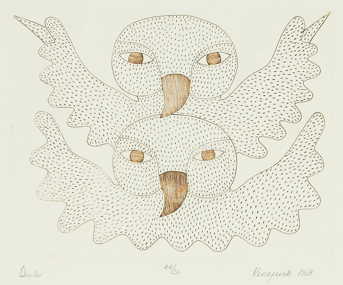 Kenojuak Ashevak, Owls, engraving, 1968