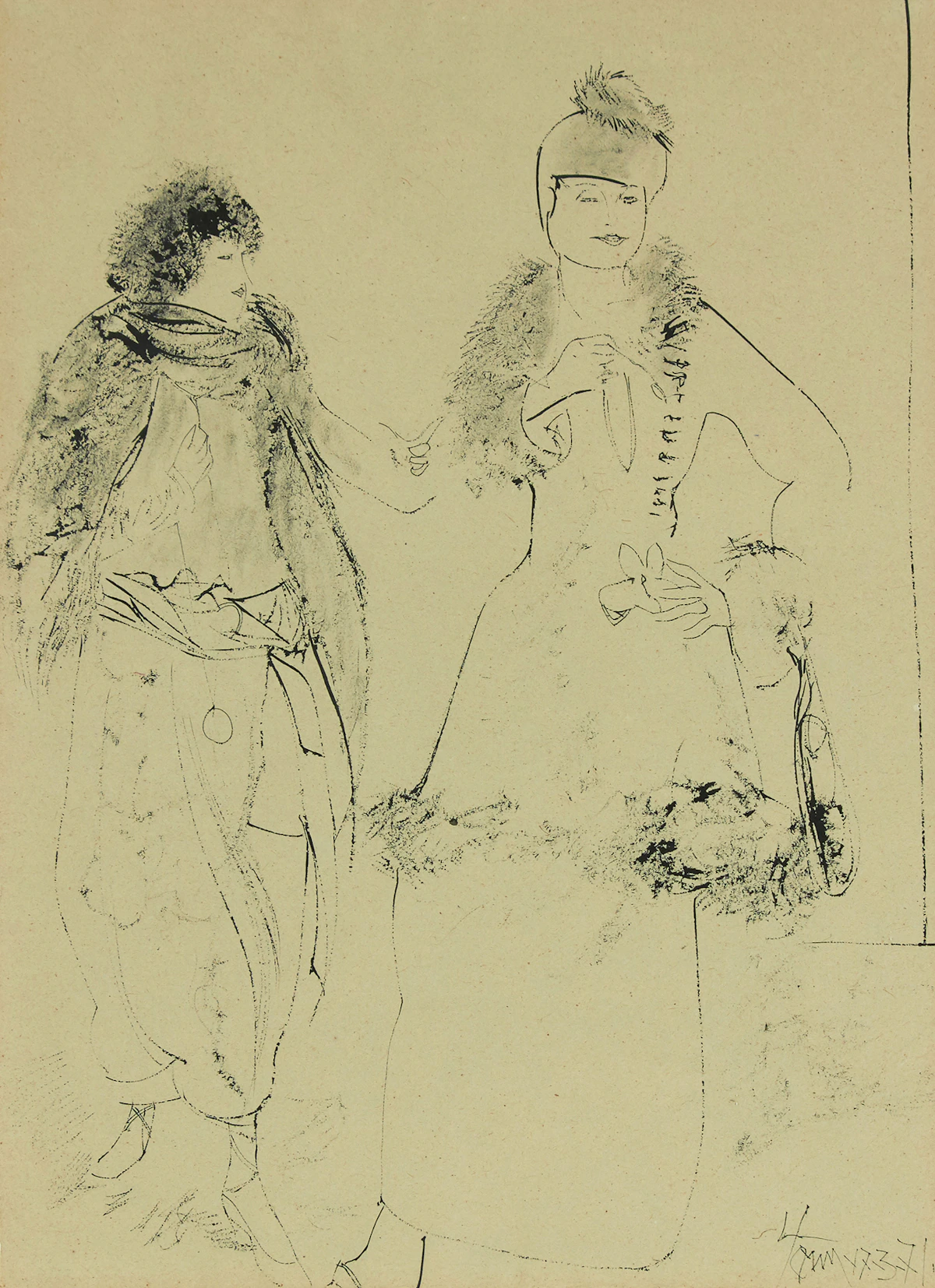 Harold Barling Town, Two Women, ink drawing, 1971