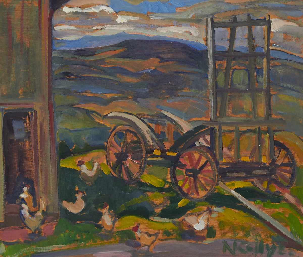 Nora Frances Elisabeth Collyer, Looking Towards Murray Bay from Cap à l’Aigle Hill Top (Chickens), oil on board, 1964