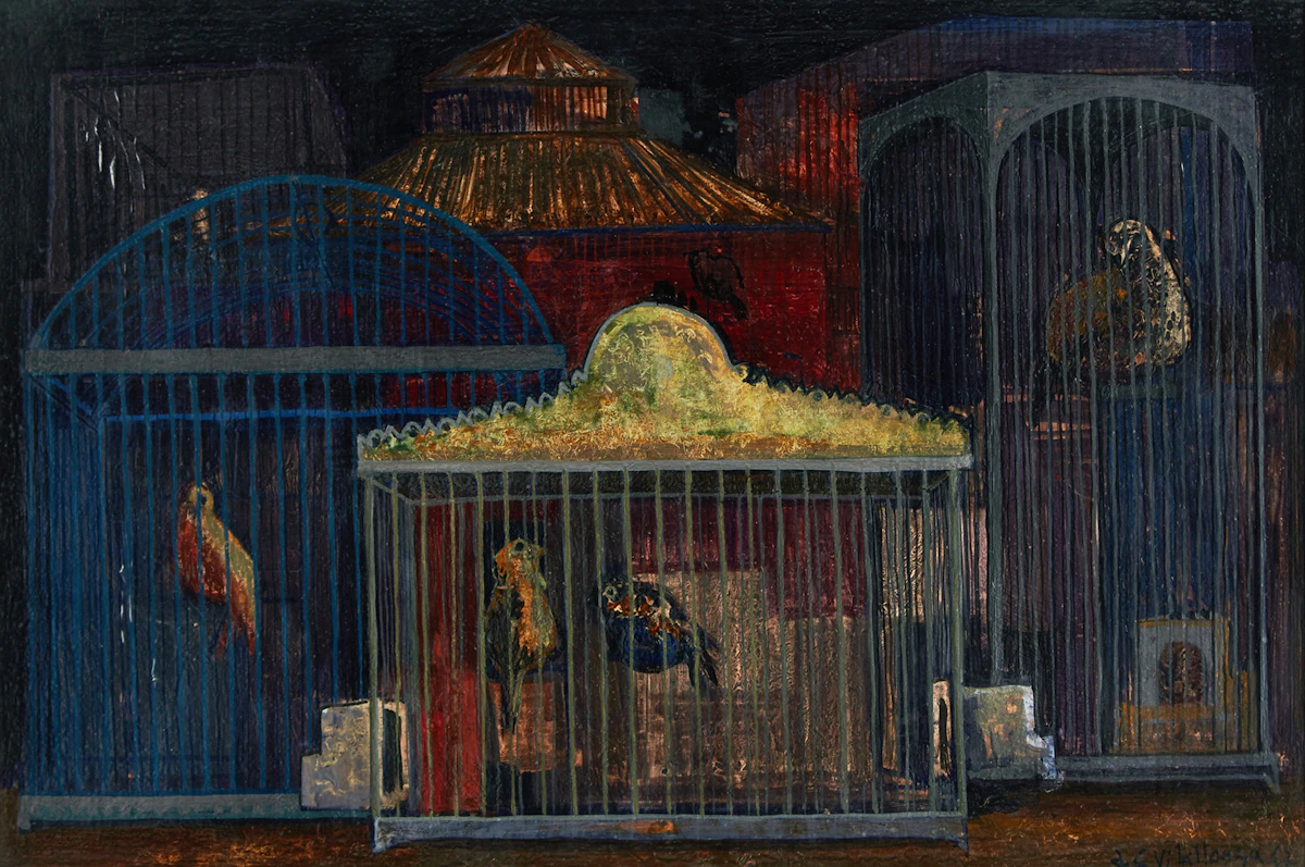Jesus Carlos De Vilallonga, Caged Birds, oil on board, 1952