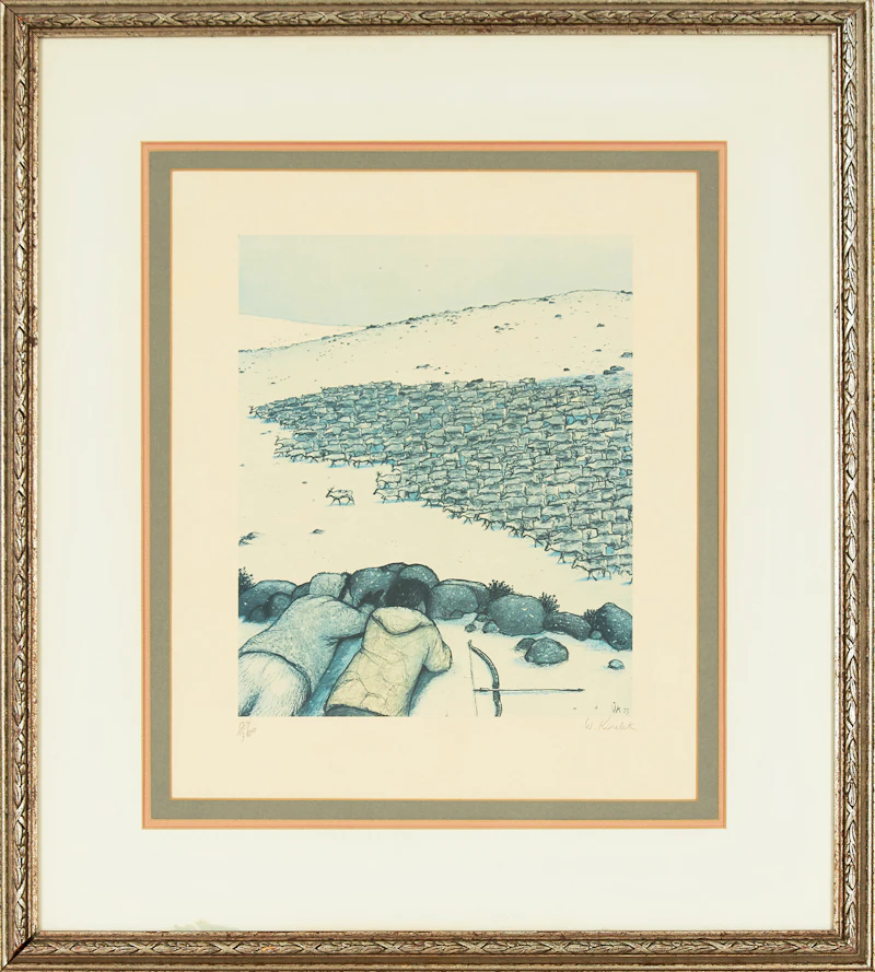 William Kurelek, Stalking Migrating Caribou, colour lithograph - view 2