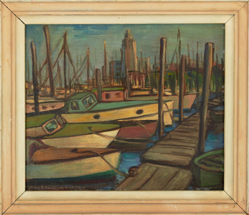 Anna Gertrude Lawson (Nan) Lawson Cheney, Up For The Winter, Coal Harbour, Vancouver, B.C., oil on board - view 2