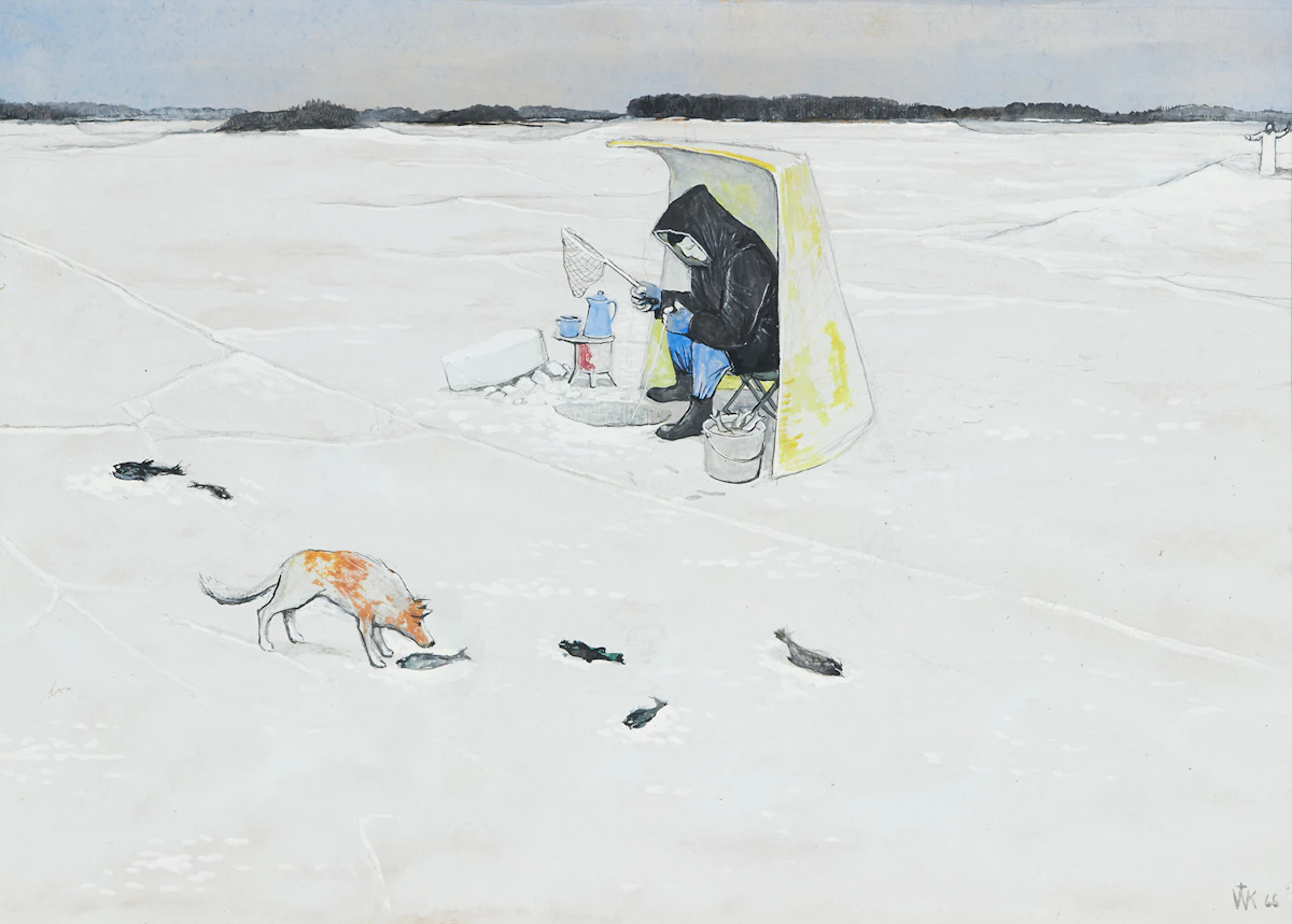 William Kurelek, The Good Fish and the Bad, gouache, 1966