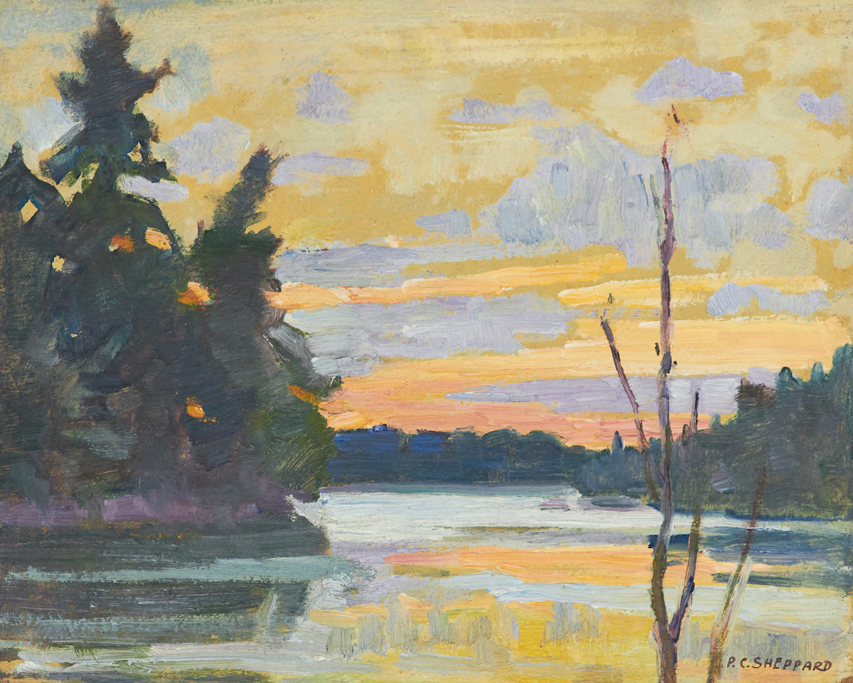 Peter Clapham Sheppard, Sunset, Prospect Lake, Muskoka, oil on board