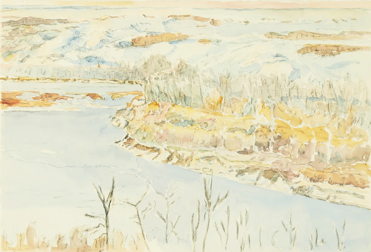 Dorothy Elsie Knowles, Riverbank Snow, watercolour, 1989