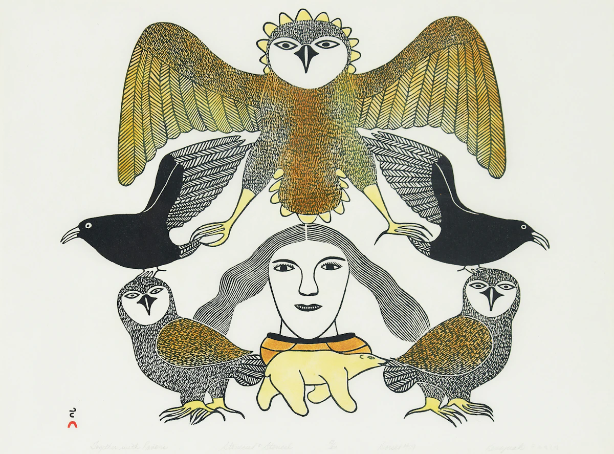 Kenojuak Ashevak, Together with Ravens, stonecut and stencil on paper, 1979