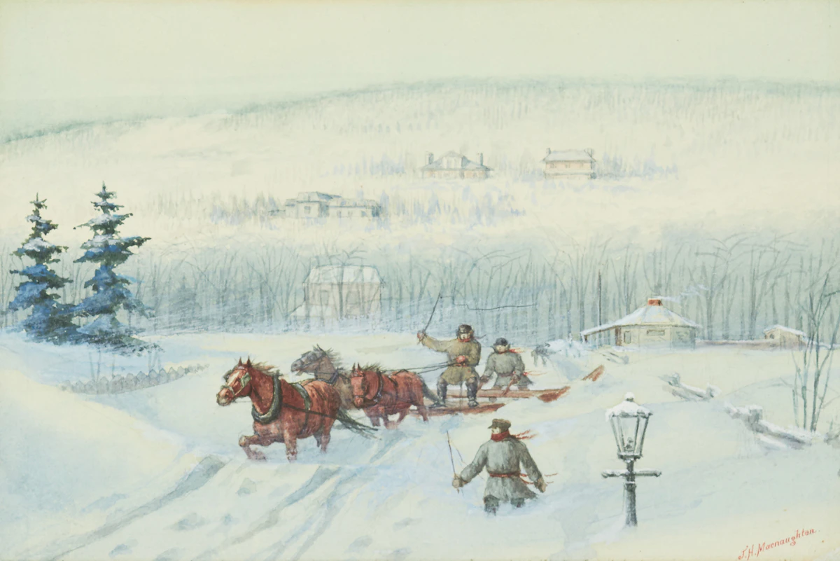 John McNaughton, Snow Plow, Greene Avenue, Montreal; Delivering Milk, Dorchester St., Westmount, Montreal, two watercolours