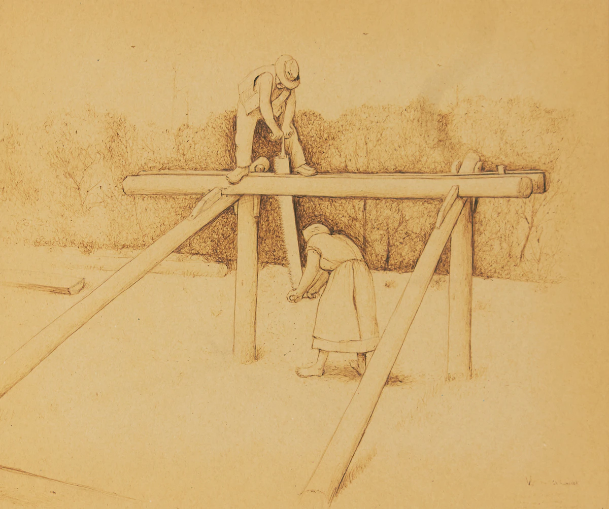 William Kurelek, Marriage Cooperation, ink drawing, 1974