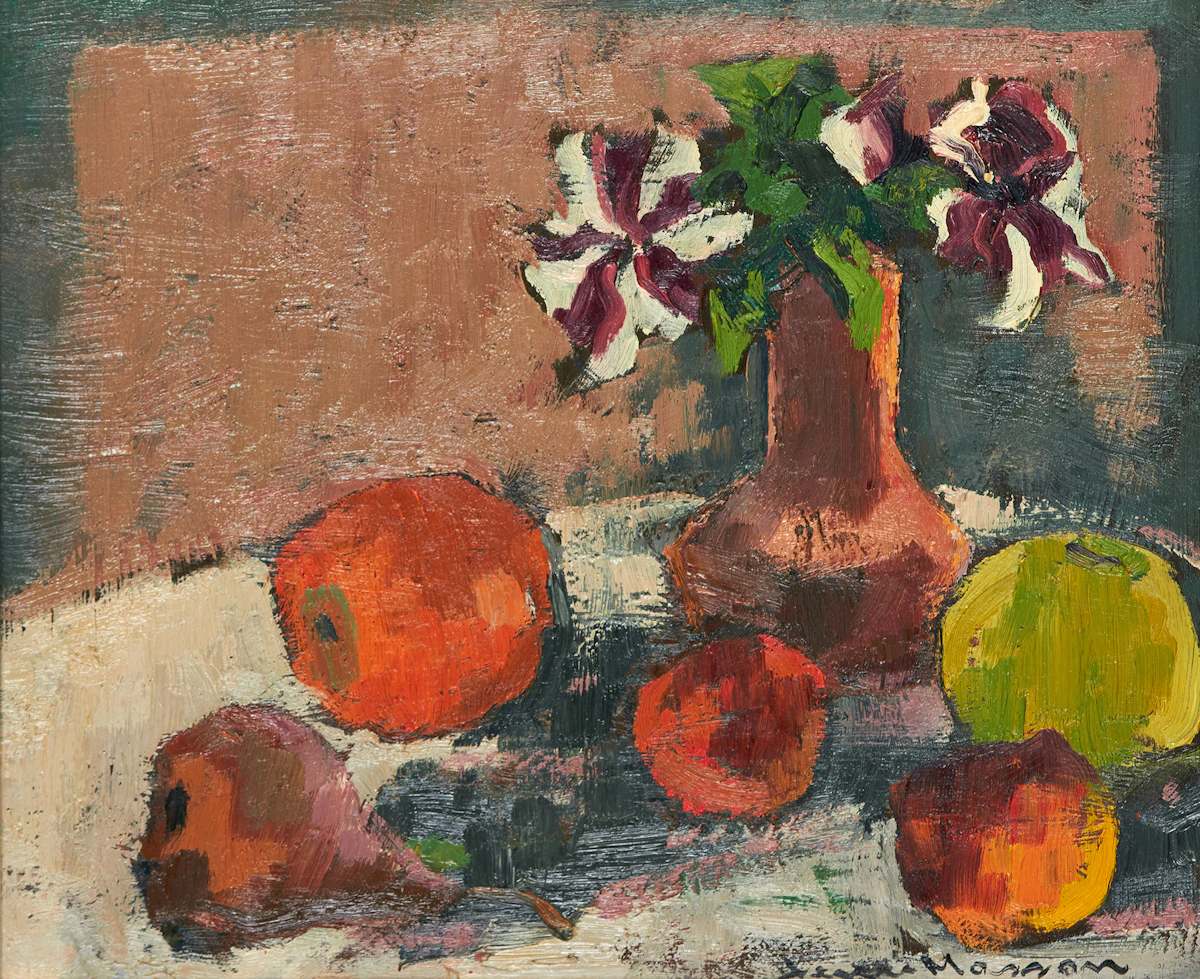 Henri Leopold Masson, Still Life with Petunias, oil on board, 1970