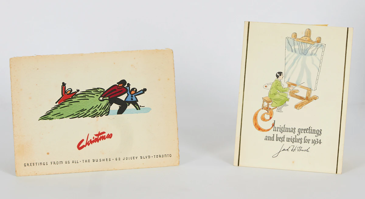 Jack Hamilton Bush, Christmas Greetings and Best Wishes for 1934; Christmas Greetings From Us All, two Christmas cards, 1933/34