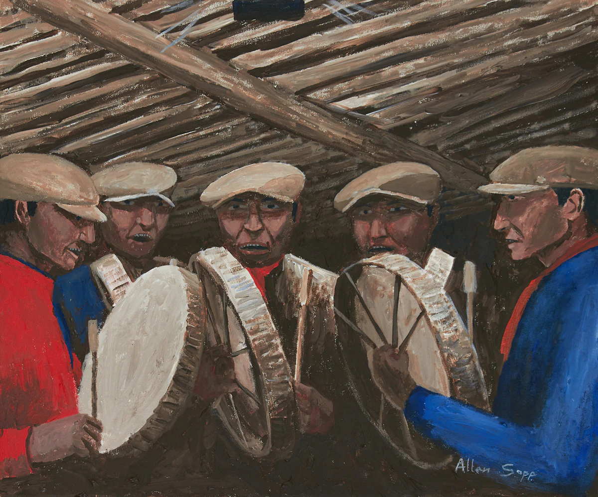 Allen Sapp, Five Men Singing and Drumming, acrylic on canvas