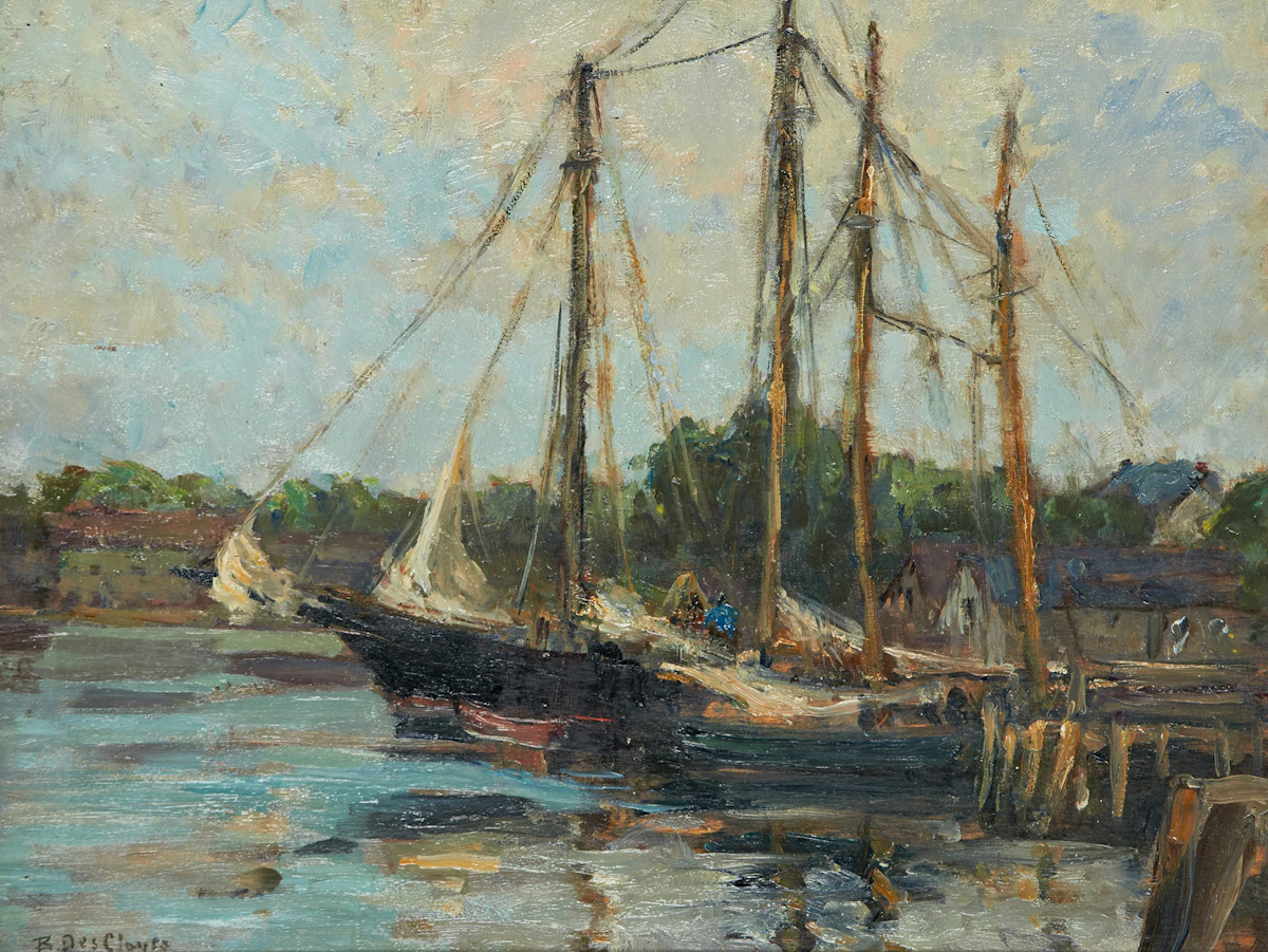 Berthe Des Clayes, Wharf Scene, oil on board