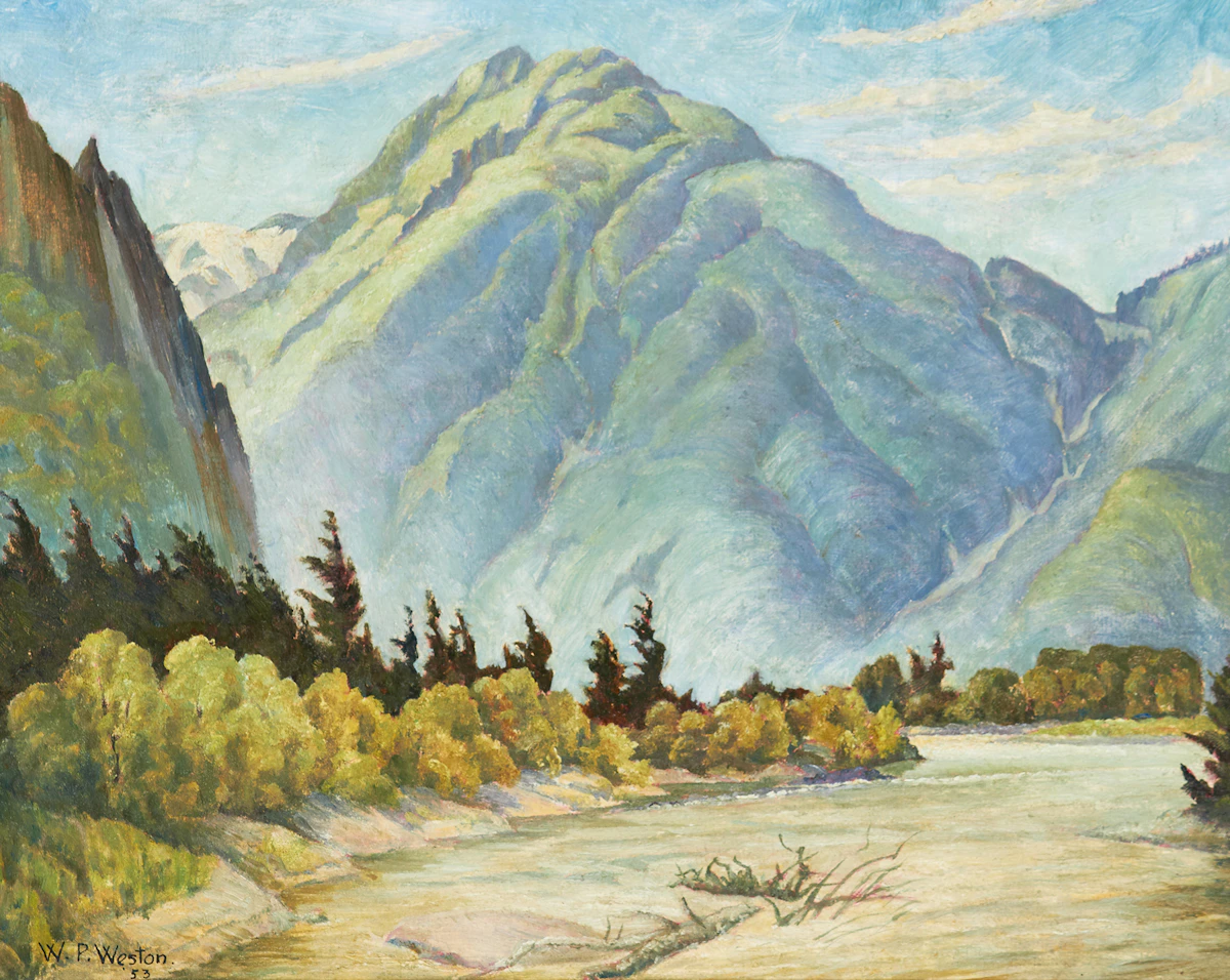 William Percival Weston, The Fraser at Hope, BC, oil on board, 1953