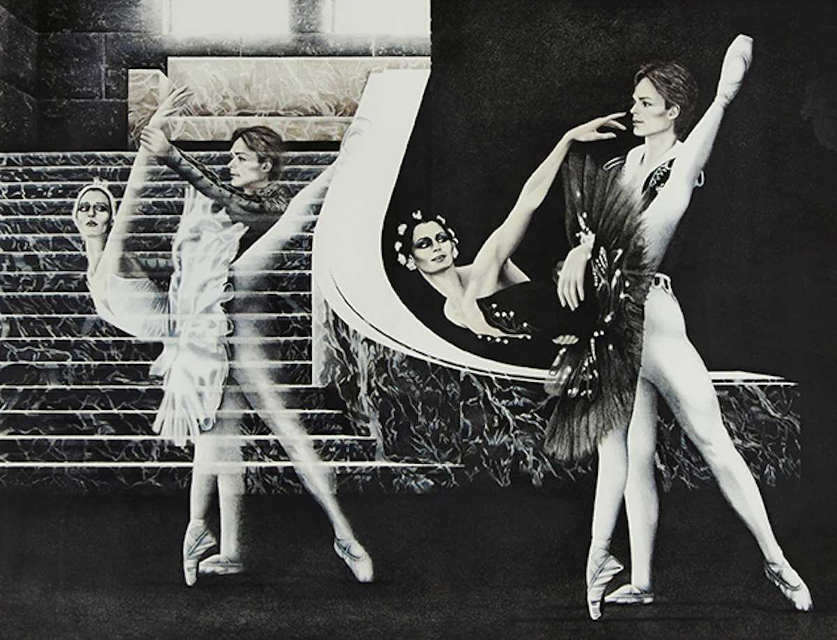 John Kerr, Veronica Tennant & Raymond Smith: Swan Lake, black and white lithograph, 1985