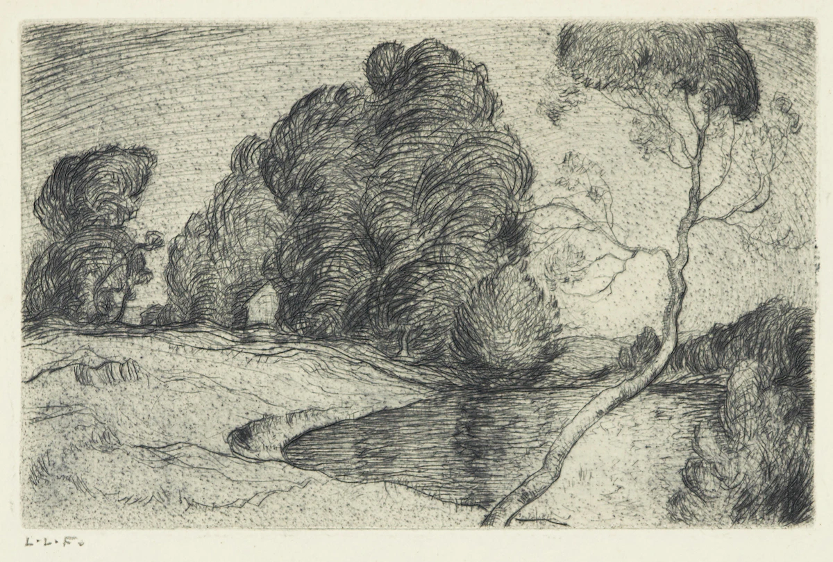 Lionel LeMoine FitzGerald, Landscape, Moonlight, engraving, 1925
