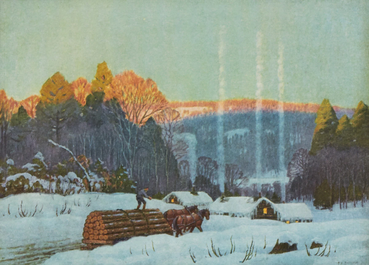 Frederick Henry Brigden, Winter Logging Scene, colour photolithograph