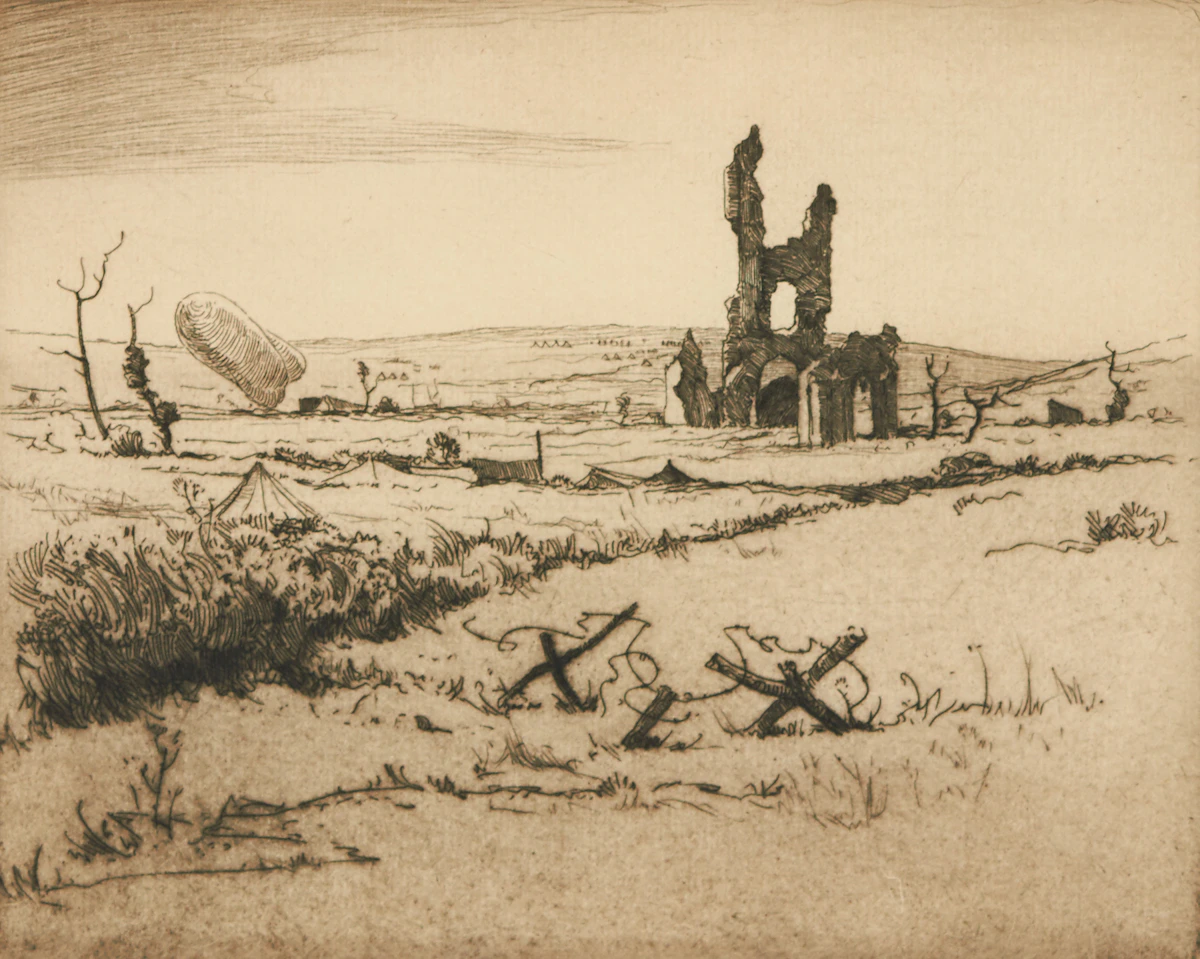 Cyril Henry Barraud, Ablain-Saint-Nazaire from the East, etching, circa 1919